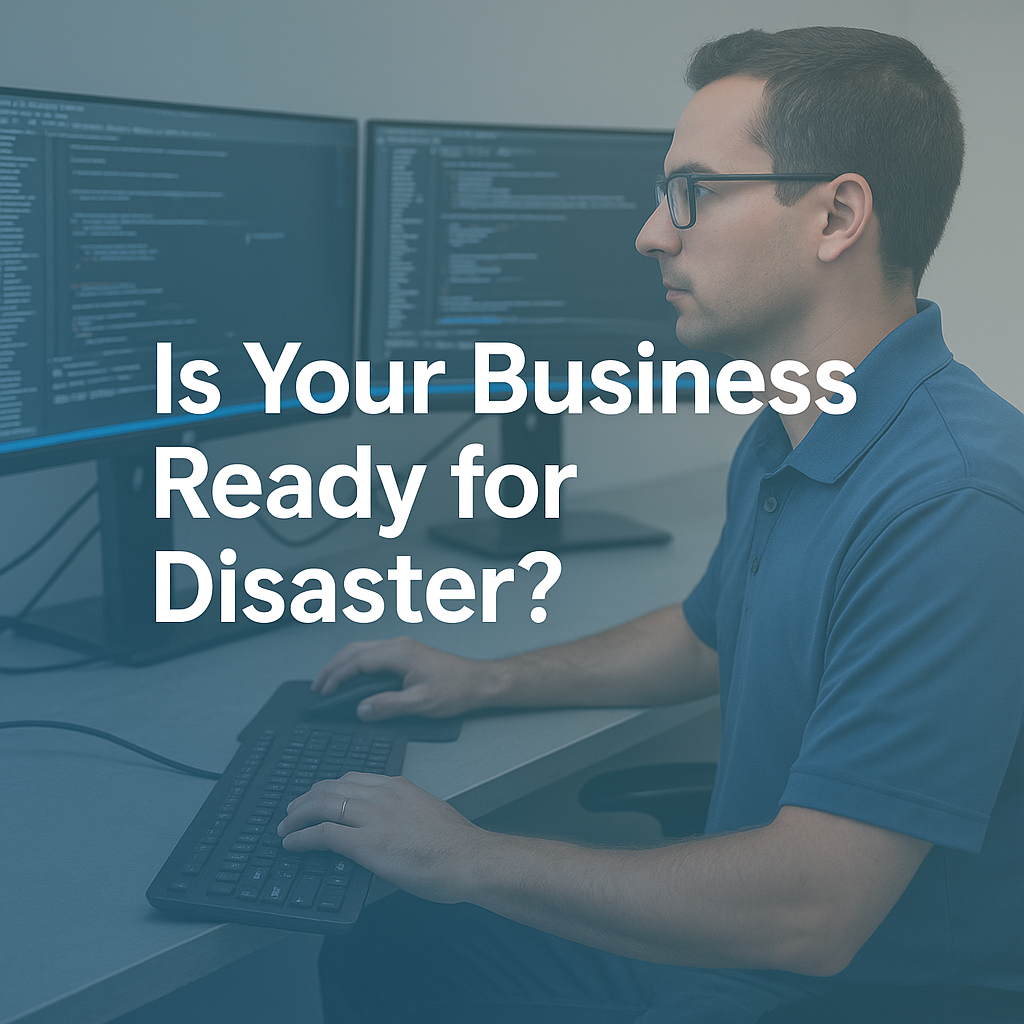 IT engineer working at dual monitors with overlay text asking "Is Your Business Ready for Disaster?" emphasizing backup and continuity importance.