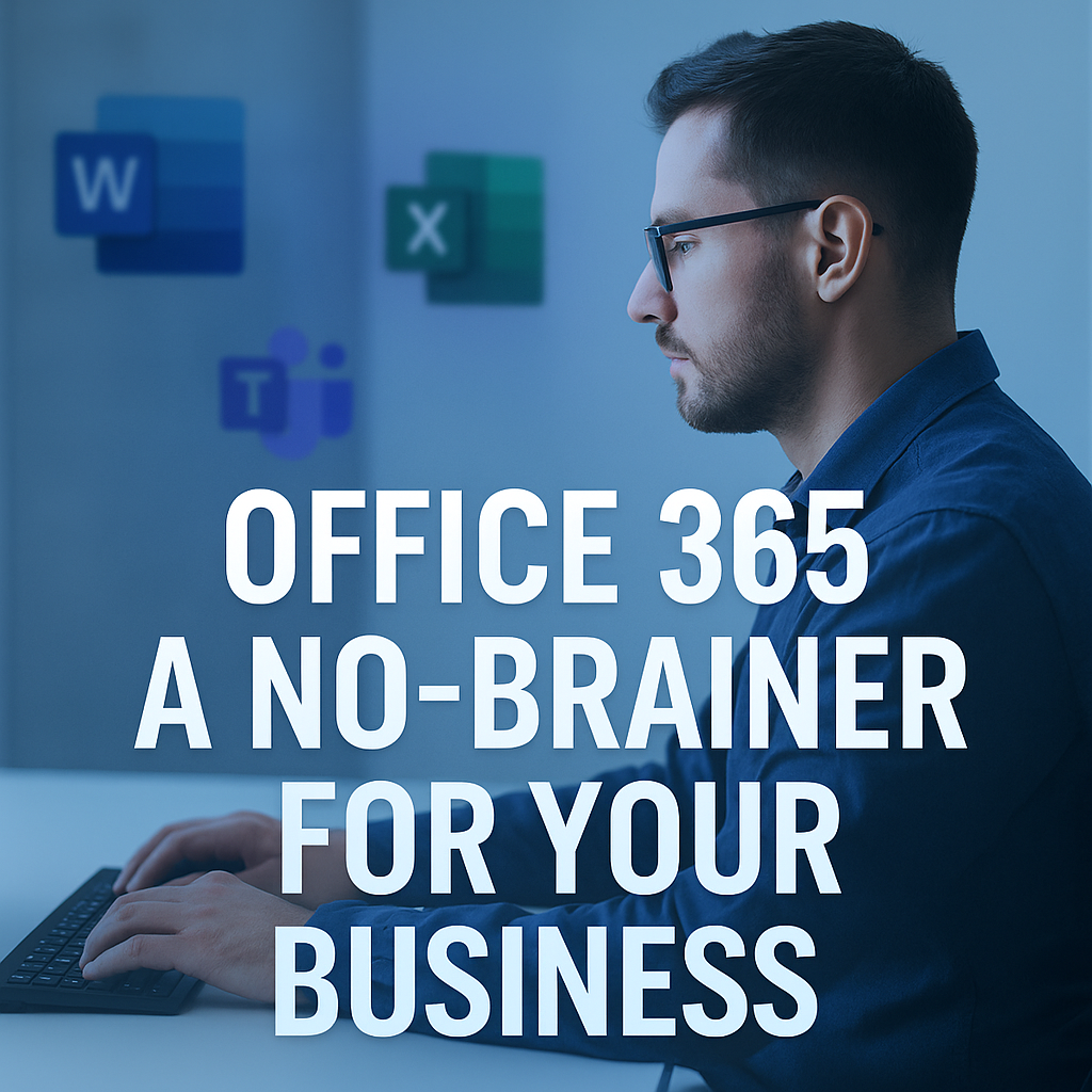 Professional working on a laptop with Microsoft Office 365 icons in the background and overlay text 'Office 365: A No-Brainer for Your Business'.
