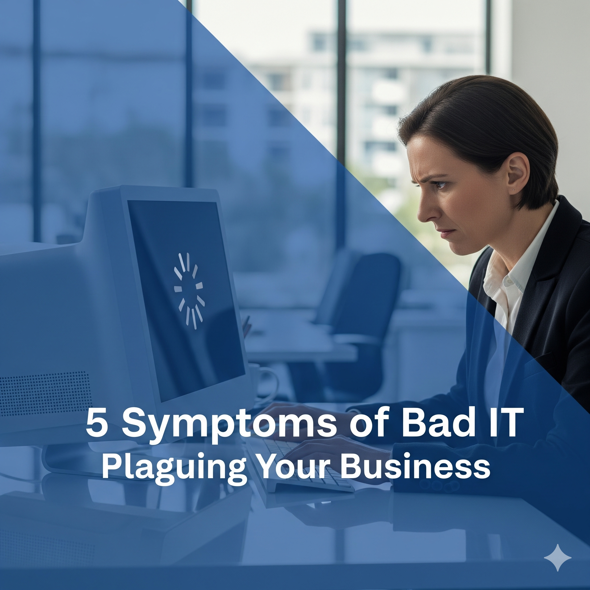 A frustrated business owner experiencing a symptom of bad IT: a slow computer with a loading symbol that is hindering productivity.