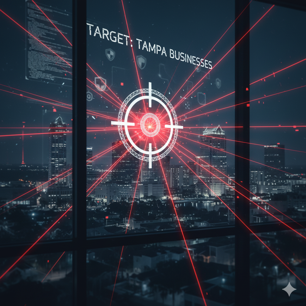A conceptual image of a modern Tampa office building at night viewed through a hacker's targeting system, illustrating the need for cyber liability insurance.