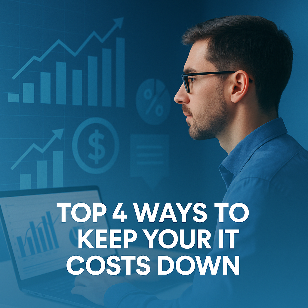 IT professional analyzing cost-saving charts with overlay text 'Top 4 Ways to Keep Your IT Costs Down'.