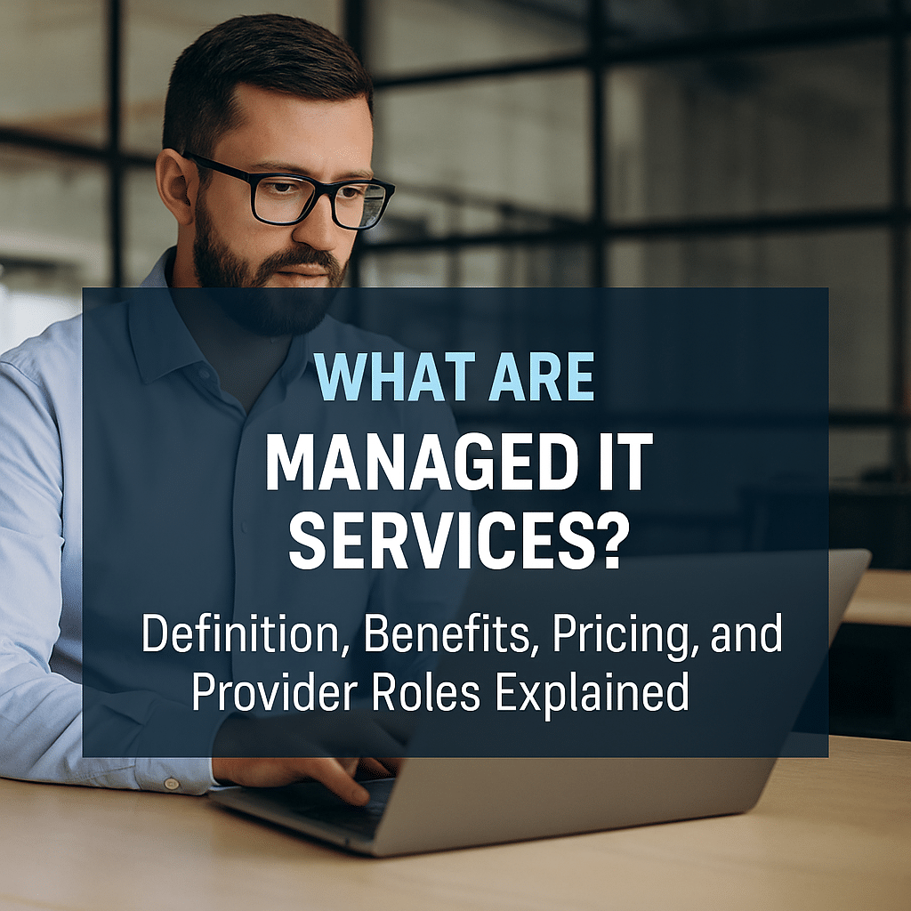HERO engineer working on a laptop in a modern Tampa Bay office with text overlay reading “What Are Managed IT Services? Definition, Benefits, Pricing, and Provider Roles Explained.”