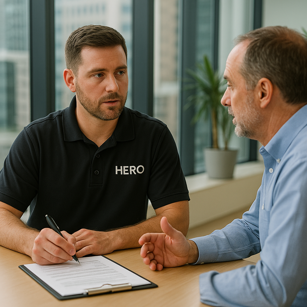 HERO Engineer Interviewing Client During Compliance Audit A HERO engineer wearing a black polo with a white HERO logo conducts a compliance audit interview with a client in a modern office, discussing documents at a table.
