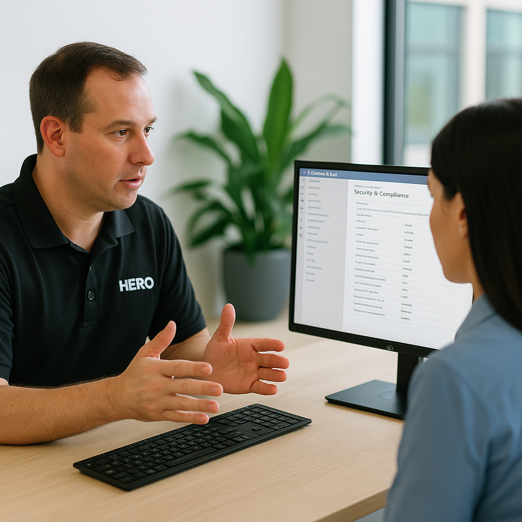 Microsoft Teams Security and Compliance – HERO Managed Services HERO engineer assisting Tampa business with Microsoft Teams security and compliance