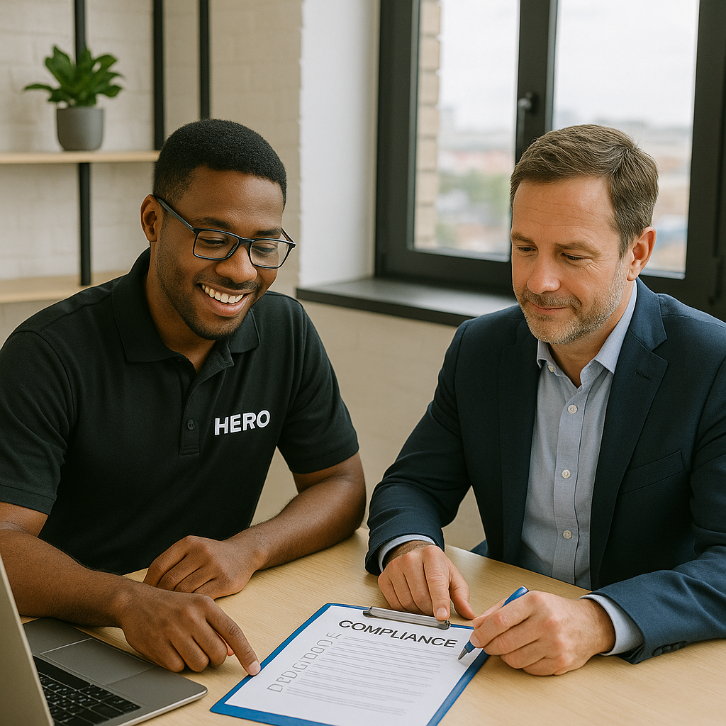 A HERO engineer wearing a black polo with a white HERO logo works with a Tampa business owner on a compliance audit, reviewing documents at a modern office table.
