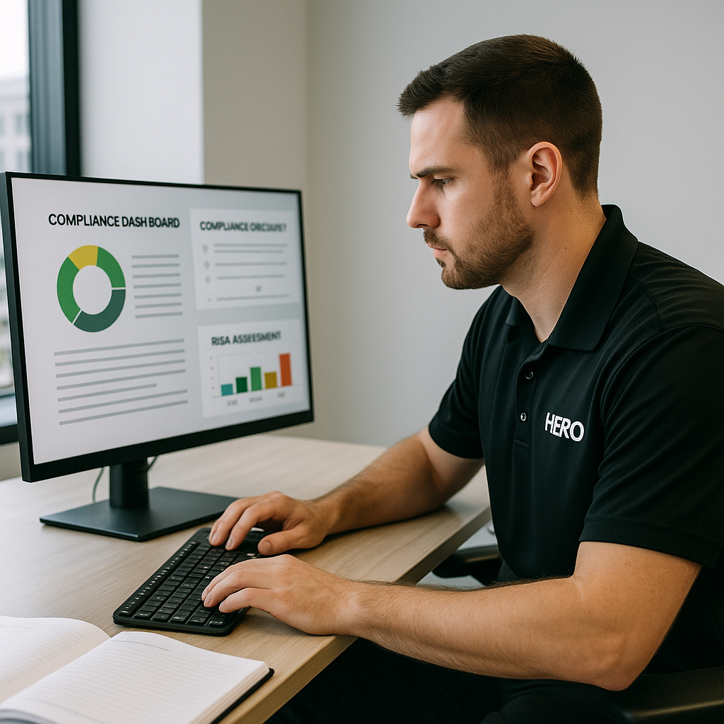 HERO Engineer Working on Managed Compliance Project A HERO engineer wearing a black polo with a white HERO logo reviews compliance dashboards and risk assessment data on a monitor in a modern office.