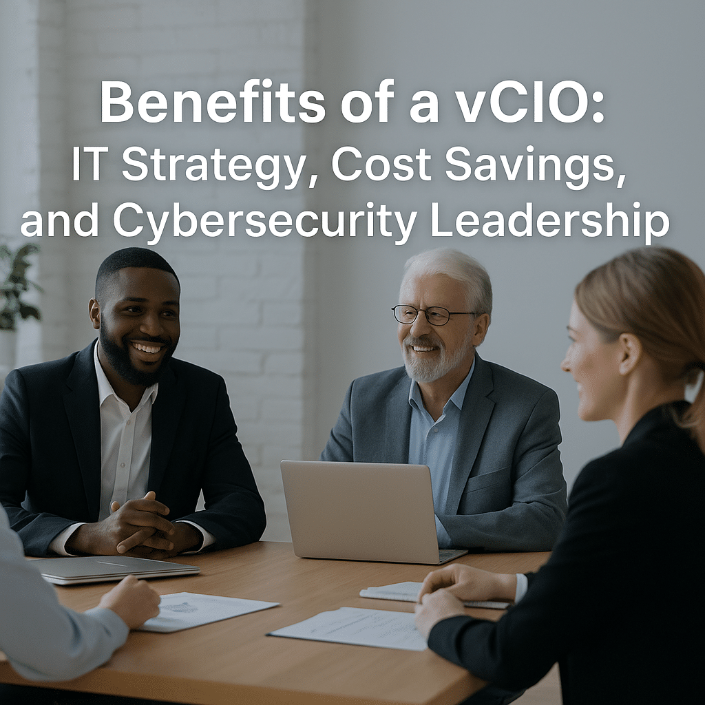 Business team discussing IT strategy with text overlay highlighting the benefits of a vCIO in cost savings and cybersecurity leadership.